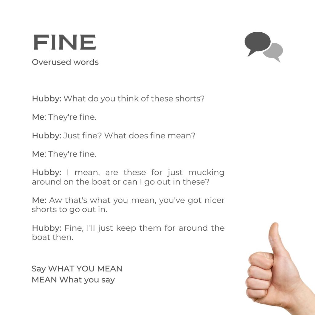 The word Fine as an overused word. Say what you mean and mean what you say.